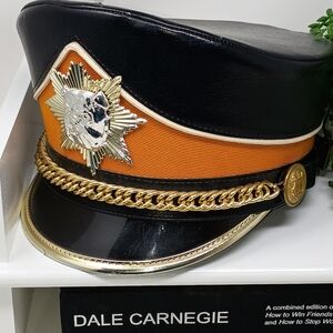 Vintage Black and Orange Peaked Hat with Gold Accents